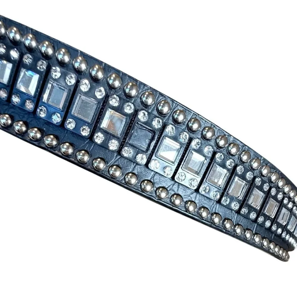Western Rhinestone Crystal Belt Black Genuine Leather Croc Embossed Studded SM